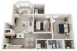 Inviting floor plan featuring two cozy bedrooms, a stylish open living area, a modern kitchen with dining space, and a well-appointed bathroom.