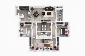 Modern 3D floor plan showcasing a spacious apartment with three bedrooms, an inviting living room, a sleek kitchen, and elegant dining area, designed for comfort and style.