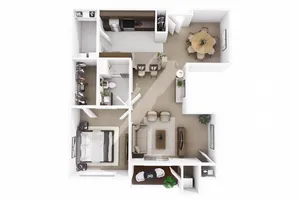 Spacious open floor plan featuring a cozy bedroom, elegant living room, modern kitchen, and stylish dining area with natural light.
