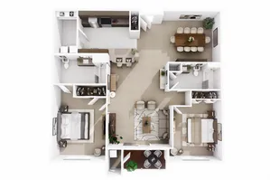Bright and modern apartment floor plan featuring two bedrooms, an open-concept living and dining area, a sleek kitchen, and two stylish bathrooms.