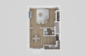 Modern open-concept apartment floor plan featuring a cozy living area, compact kitchen, dining space, and a bathroom with stylish hardwood flooring.