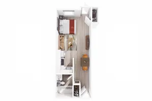 Modern studio apartment floor plan featuring a cozy living area, compact kitchen, and stylish bathroom.