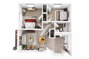 Inviting 3D floor plan showcasing a modern 2-bedroom apartment with an open-plan living area, stylish kitchen, and functional bathroom layout.