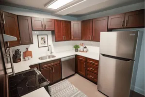Modern kitchen with sleek stainless steel appliances, rich dark wood cabinets, and a bright, inviting atmosphere.