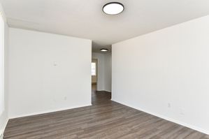 Bright and spacious hallway featuring modern lighting and sleek wood flooring, leading to a sunlit room.