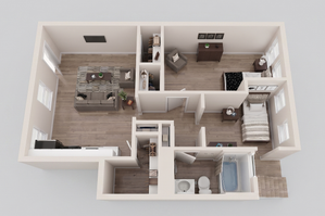 Modern 3D floor plan showcasing a cozy 2-bedroom apartment with open living area, stylish kitchen, and luxurious bathroom.