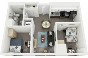 Modern 3D floor plan showcasing 2 bedrooms, a cozy living area, a stylish kitchen, and integrated dining space for contemporary living.
