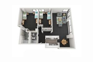 Modern 3D floor plan showcasing 3 bedrooms, open living room, and cozy dining area, perfect for family living.