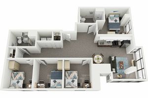 Modern 3D apartment floor plan with three spacious bedrooms, open-concept living and dining area, sleek kitchen, and stylish bathrooms. Bright and inviting design perfect for comfortable living.