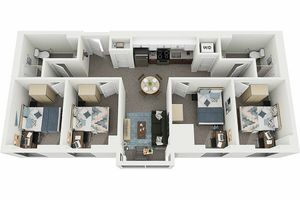 Modern 3-bedroom floor plan featuring an open-concept living area, stylish kitchen, and cozy furnishings.