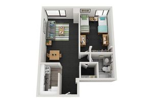 Inviting 3D floor plan featuring a cozy living area, well-equipped kitchen, and a comfortable bedroom with double beds. Modern design and efficient layout.