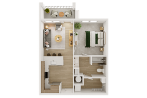 Floor plan of a modern 1-bedroom apartment with open living space and balcony