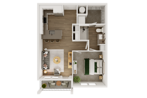 Modern floor plan depicting one-bedroom apartment with spacious kitchen, cozy living area, and private balcony.