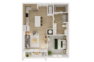 Cozy one-bedroom apartment floor plan with open kitchen and living area, stylish interior, and spacious balcony.