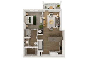 Top view of a stylish one-bedroom apartment floor plan with open living area, modern kitchen, sleek bathroom, and cozy balcony.