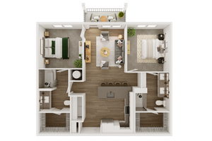 Contemporary floor plan featuring two bedrooms, spacious living room, kitchen island, and balcony.