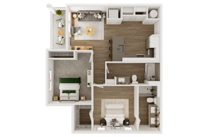 Modern floor plan of a luxury apartment featuring two bedrooms, a spacious kitchen, living area, and balcony