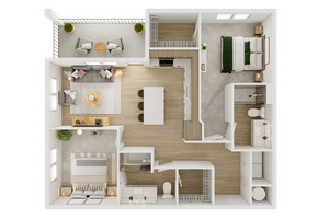 Contemporary two-bedroom apartment floor plan with open living area and outdoor balcony.
