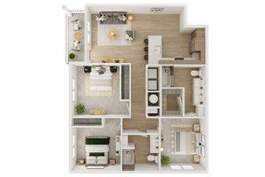 Modern floor plan for a luxurious two-bedroom, two-bath apartment featuring an open-concept living area, sleek kitchen, and private balcony.