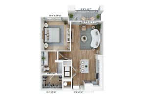 Chic 3D floor plan with a spacious bedroom, open-concept living area, and modern kitchen.