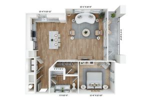 Contemporary floor plan featuring a single bedroom, open living and kitchen area, with a spacious balcony.