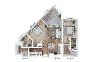3D floor plan showcasing two bedrooms, open living area, modern kitchen, and balcony.