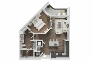 Contemporary 1-bedroom apartment floor plan featuring open-concept living space, modern kitchen with island, spacious bathroom, and cozy balcony area.