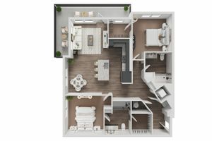 Modern open-concept apartment floor plan featuring two spacious bedrooms, a sleek kitchen island, inviting living area with balcony access, and elegant dining space.