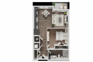 Modern 1-bedroom apartment floor plan with an open-concept living area, sleek kitchen, and private balcony.