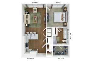 Modern 2D apartment floor plan featuring a spacious living area, stylish kitchen with breakfast bar, cozy bedroom, and elegant bathroom.