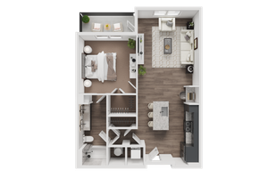 Contemporary 1-bedroom apartment floor plan with open-concept living room, modern kitchen, and cozy balcony.