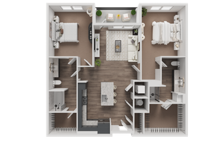 Modern 2-bedroom apartment floor plan with an open-concept living and kitchen area, featuring stylish furnishings and elegant finishes.