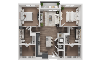 Elegant 3D floor plan featuring 2 bedrooms, a cozy living room, modern kitchen, and two stylish bathrooms with ample closet space.