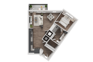 Modern 3D floor plan featuring a cozy one-bedroom apartment with an open-concept living area, stylish kitchen, and balcony.