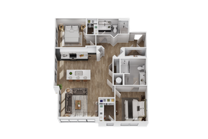 3D floor plan showcasing two bedrooms, an open living area, and a modern kitchen.