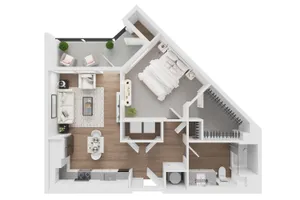 Modern 3D floor plan showcasing a spacious bedroom, cozy living area, stylish kitchen, and bathroom. Features a private balcony for a relaxing retreat.