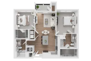 Modern 2D floor plan showcasing two spacious bedrooms, a cozy living room, open kitchen with island, dining area, and two bathrooms. Includes stylish interiors and smart layout for optimal living.