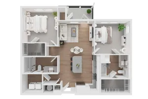 Elegant floor plan showcasing 2 bedrooms, modern open-concept kitchen and living area, with ample closet space and stylish design.