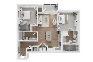 Elegant floor plan showcasing 2 bedrooms, cozy living room, open kitchen, and modern amenities.