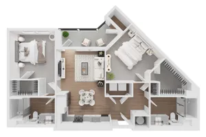 Modern 2D apartment floor plan featuring two spacious bedrooms, elegant open living area, stylish kitchen, and large bathroom.