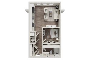 Modern 1-bedroom apartment floor plan featuring a cozy living room, sleek kitchen, and a stylish bathroom.