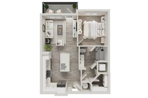 Modern 1-bedroom apartment floor plan featuring an open-concept living area, sleek kitchen with island, elegant bedroom, stylish bathroom, and cozy balcony.