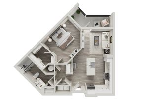 Modern apartment floor plan featuring one bedroom, open-concept living and kitchen area, cozy balcony, and sleek bathroom design.
