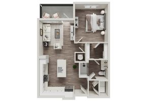 Contemporary open-concept floor plan featuring a cozy bedroom, modern kitchen island, inviting living area, chic bathroom, and a private balcony.