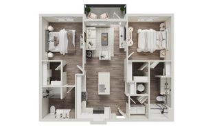Elegant 3D floor plan showcasing two cozy bedrooms, a modern open-concept kitchen, and a welcoming living room with balcony access.