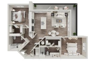 Modern apartment layout showcasing two spacious bedrooms, a sleek kitchen with island, open living area, and chic balcony space.