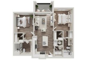 Chic floor plan showcasing 2 modern bedrooms, open living area with balcony, and sleek kitchen design.