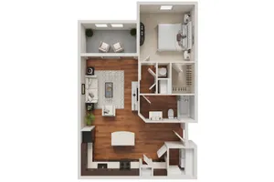 Modern 1-bedroom apartment floor plan featuring an open living area, sleek kitchen, and private balcony.
