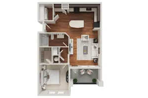 Chic 3D floor plan showcasing 1-bedroom apartment with open kitchen, cozy living room, and private balcony.