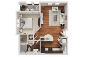 Modern 3D floor plan featuring a spacious one-bedroom apartment with an open-concept living area, stylish kitchen, and cozy balcony.